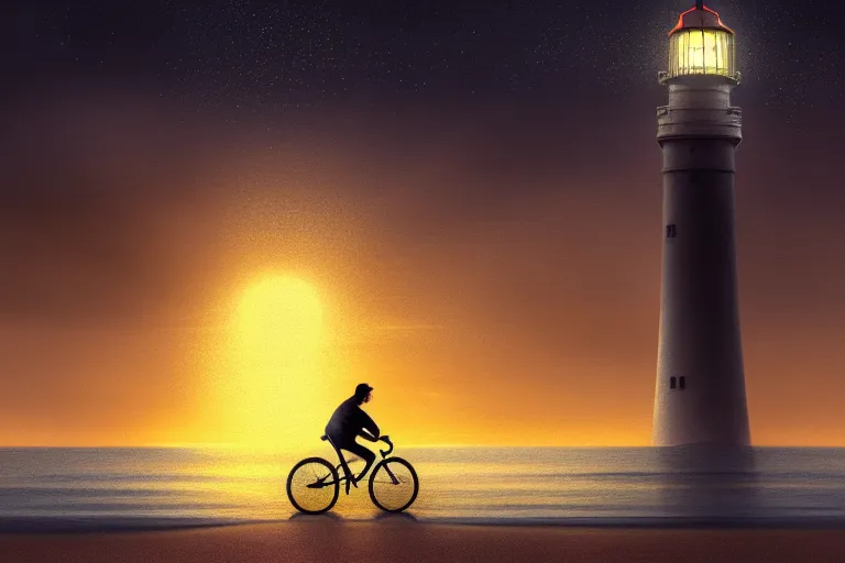 Prompt: photo of man riding a bicycle along the beach, glowing underwater toward a lighthouse in the distance, silhouette, wide horizon, large white clouds, night, intricate, elegant, highly detailed, digital painting, artstation, concept art, smooth, sharp focus, illustration, art by artgerm and greg rutkowski and fra angelico