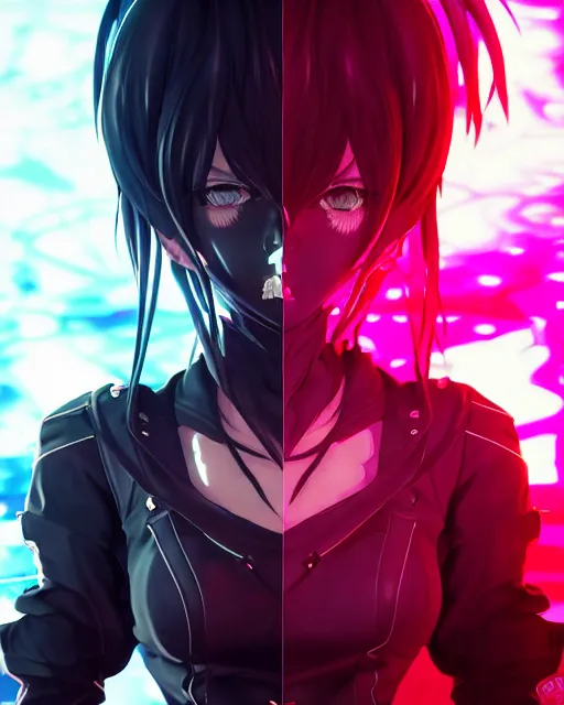 Prompt: beautiful portrait of black rock shooter facing the camera centered in the style of a code vein character, momo from twice in code vein in the style of WLOP, artgerm, yasutomo oka, rendered in unreal engine and redshift octane , background is surrounded by epic neon glitch effect digital art dynamic dramatic lighting, soft lighting, imagine fx, artstation, cgsociety, by Bandai Namco artist,