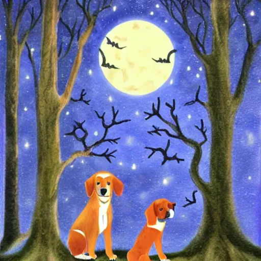 Image similar to a haunted forest full of dog in the moonlight