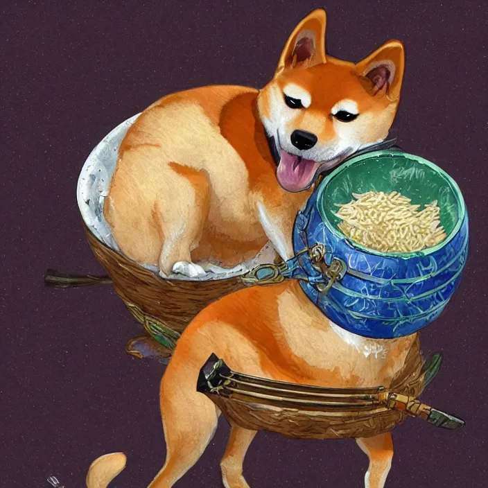 Image similar to a shiba-inu-samurai eating a bowl of rice, d&d concept art, incredible colors, heckin cool pupper