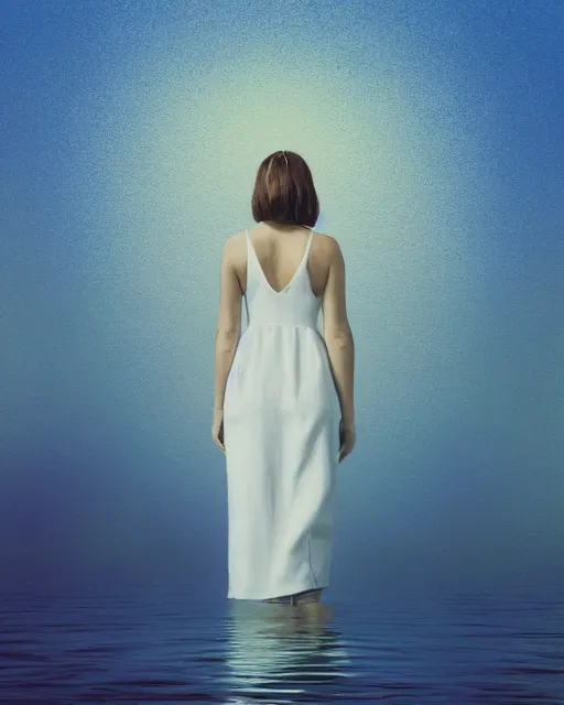 Prompt: a woman in a white dress standing in the water, an album cover by stanley twardowicz, trending on cg society, retrofuturism, retrowave, chillwave, synthwave