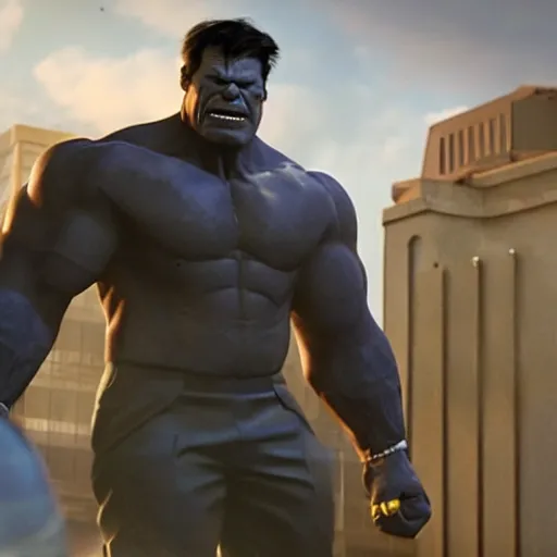 Prompt: a promotional screenshot of Joe Fixit Grey Hulk wearing a pinstripe suit and fedora appearing in Avengers: Infinity War