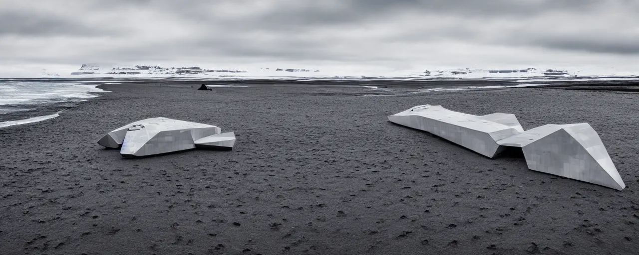 Image similar to low angle cinematic shot of giant futuristic military spacecraft in the middle of an endless black sand beach in iceland with icebergs in the distance,, 2 8 mm