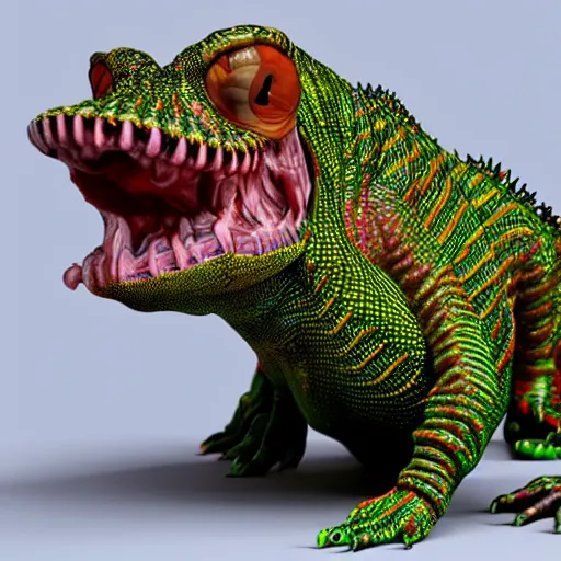 Prompt: a grotesque but cute creature crawling on four legs with weird features, strange feeelrs, coloured scaly skin, looking inquisitively at the camera, 3d render, studio lighting