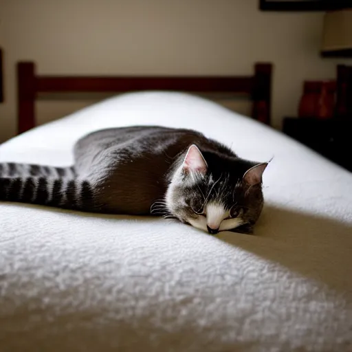 Image similar to a stunning professional photo of a bed where the pillow is a cat, the blanket is a cat, the bed itself is a cat, ultra detail, beautiful, national geographic quality