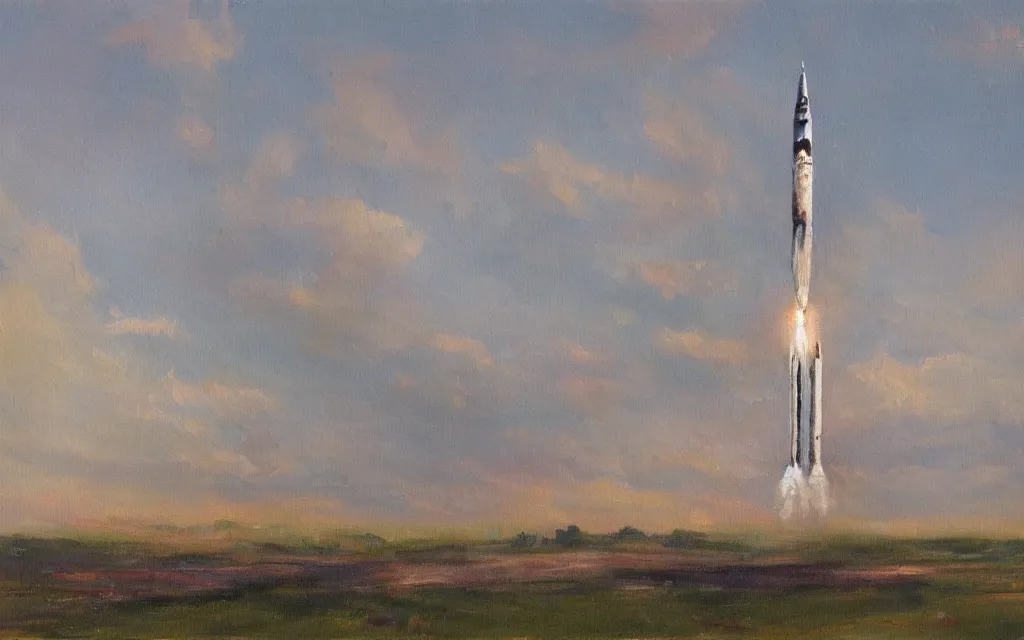 Image similar to a painting of a rocket, by vilhelms purvitis, oil on canvas