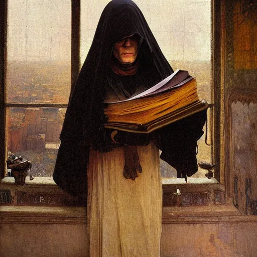 Prompt: half portait of magican wearing a closed cowl holding a big old book!, jeremy mann, jean leon gerome, alphonse mucha, greg rutkowski, hood covers his eyes, chained wrist, ( ( ruins of ancient rome ) ), at dusk, mysterious atmosphere, sunrays, dof, masterpiece, high detailed, 8 k