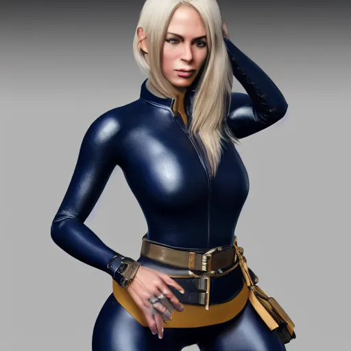 Prompt: beautiful blonde model, 2 arms, tight navy-blue leather outfit, full body and face and head, photorealistic, extreme detail, octane render, artstation, unreal engine, mortal kombat