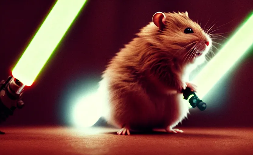 Image similar to hamster, wielding a lightsaber, movie still, star wars, cinematic, sharp focus, cinematic lighting, 8 k