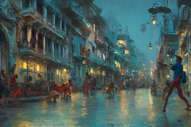 Image similar to carnaval de barranquilla, thorough details, intricate, artstation, atmosphere, highly detailed, craig mullins, james jean, cinematic, digital painting, deviantart, cinematic lighting, 4 k