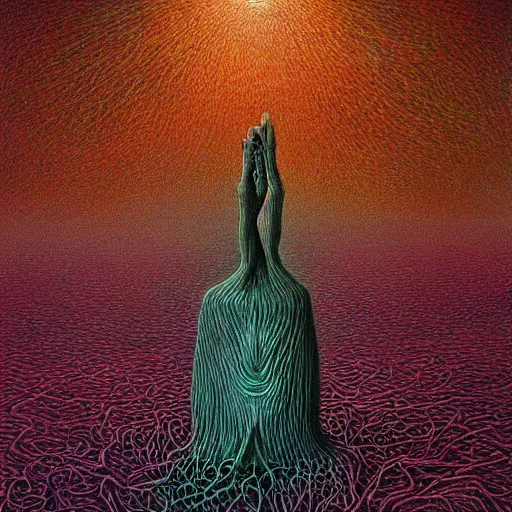 Prompt: a hyperrealistic brightly colored painting of a psychedelic alien nightmare, by john kenn mortensen and zdzislaw beksinski and alex grey, highly detailed, vivid color,