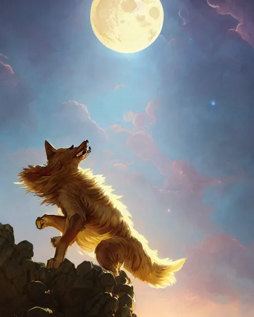 Image similar to '' Illustration of giant gold wolf chasing the moon through the sky, league of legends, LOL, fantasy, d&d, digital painting, artstation, concept art, sharp focus, illustration, art by greg rutkowski and alphonse mucha ''