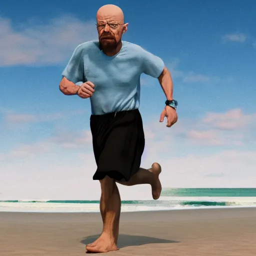 Image similar to Walter White running on the beach, artistic, 8k, cinematic, accurate, symetric, face, dramatic lighting, pastel colours