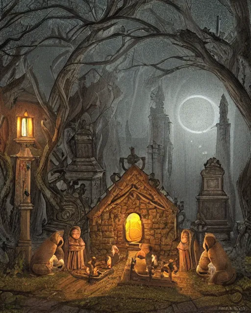 Prompt: monk possums at a medieval cemetery at night, highly detailed, digital art, isometric