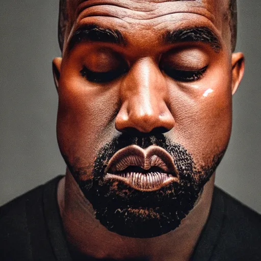 Image similar to the face of kanye west wearing yeezy clothing at 4 2 years old, portrait by julia cameron, chiaroscuro lighting, shallow depth of field, 8 0 mm, f 1. 8