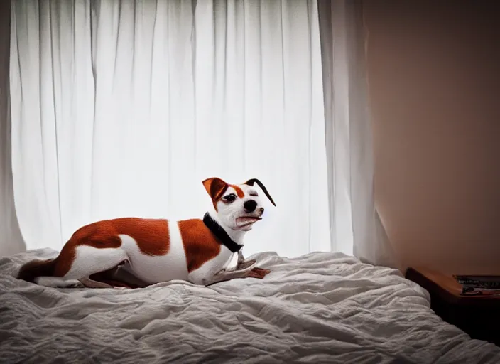 Image similar to photography of a Jack Russel . watching outside the window. on a bed. in a vintage room full of vinyls and posters.,volumetric light, photorealistic,, award winning photo, 100mm, sharp, high res