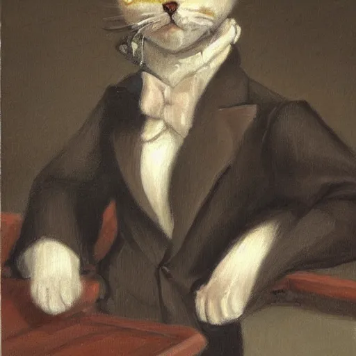 Prompt: portrait of a distinguished gentleman cat, detailed, trending on pixiv, animal drawing, oil on canvas