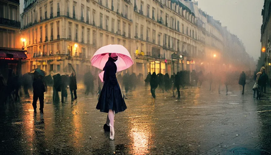 Image similar to street of paris photography, night, rain, mist, a prima ballerina with pink hair, umbrella pink, cinestill 8 0 0 t, in the style of william eggleston