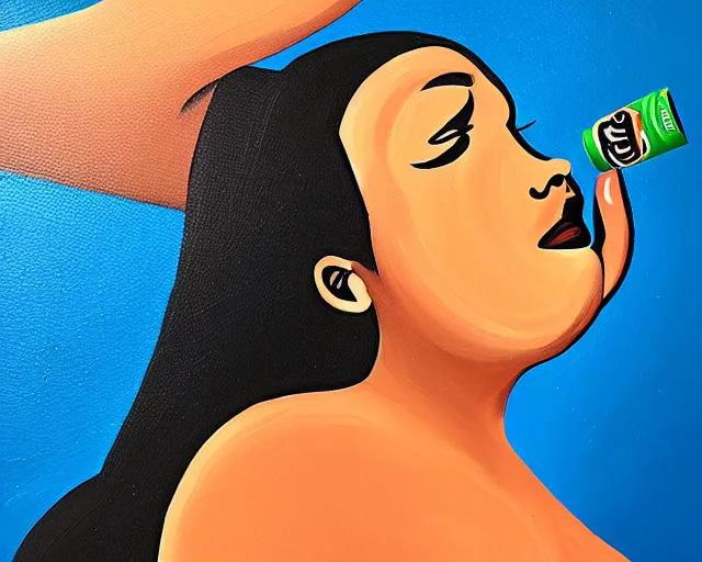Image similar to BBW Cyborg Woman struggling to reach for a can of soup on the top shelf, art station painting