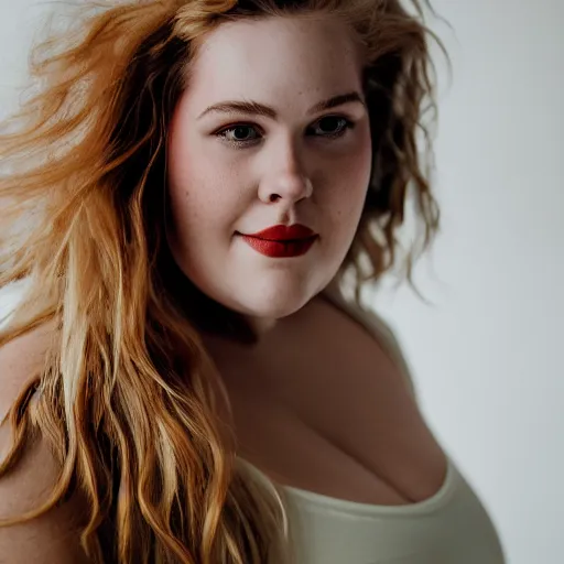 Prompt: brooke ashling, a curvy, radiant, bubbly, 2 5 - year - old canadian plus - size model, long strawberry - blond hair, creamy skin, portrait, 8 5 mm canon f 1. 2 lens, inspired by diane arbus photography, roger deakins cinematography