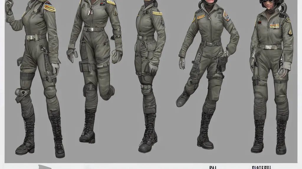 Image similar to a Character reference sheet of a military female pilot