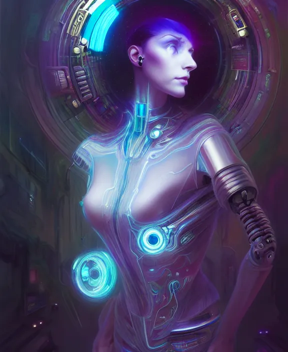 Image similar to a whirlwind of souls rushing inside the metaverse, hologram, half body, neurochip, shaved temple, piercing, jewelry, android, cyborg, cyberpunk face, by loish, d & d, fantasy, intricate, elegant, highly detailed, colorful, digital painting, artstation, concept art, art by artgerm and greg rutkowski and alphonse mucha