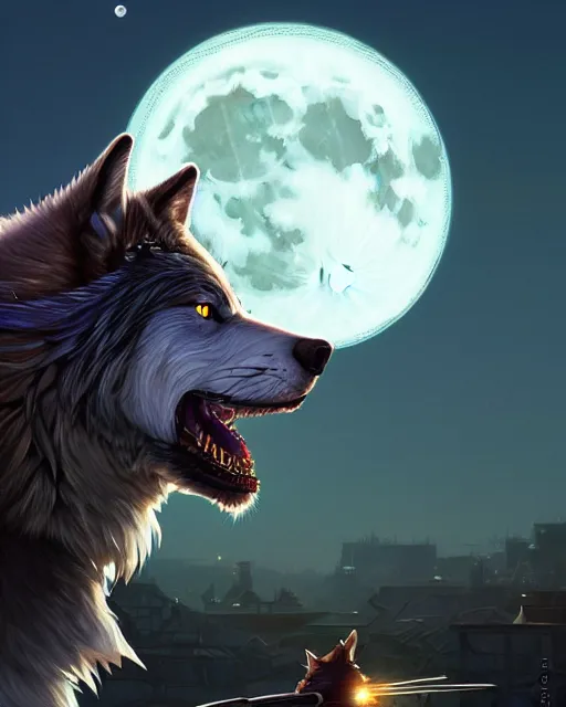 Image similar to highly detailed surreal vfx portrait of a metallic chromatic samurai wolf in front of a full moon, stephen bliss, unreal engine, greg rutkowski, loish, rhads, beeple, makoto shinkai and lois van baarle, ilya kuvshinov, rossdraws, tom bagshaw, alphonse mucha, global illumination, detailed and intricate environment