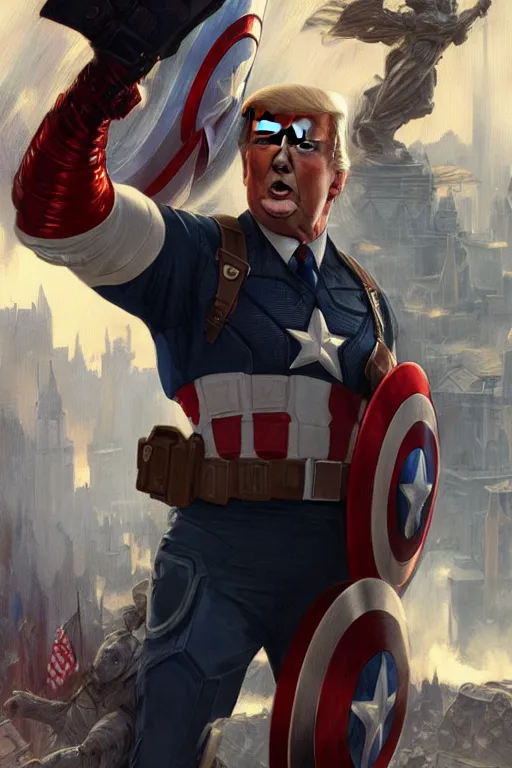 Image similar to a distant cinematic shot of Donald Trump as Captain America, D&D, fantasy, intricate, elegant, highly detailed, digital painting, artstation, concept art, matte, smooth, sharp focus, illustration, art by Artgerm and Greg Rutkowski and Alphonse Mucha, oil painting, 8k, hyper realistic