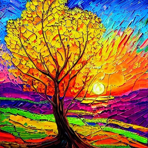 Prompt: a highly detailed painting of a tree in the sunset, an acrylic! impasto! painting by Erin Hanson, deviantart, behance contest winner, art on instagram, impressionism, rich color palette, pastel colors, vivid colors