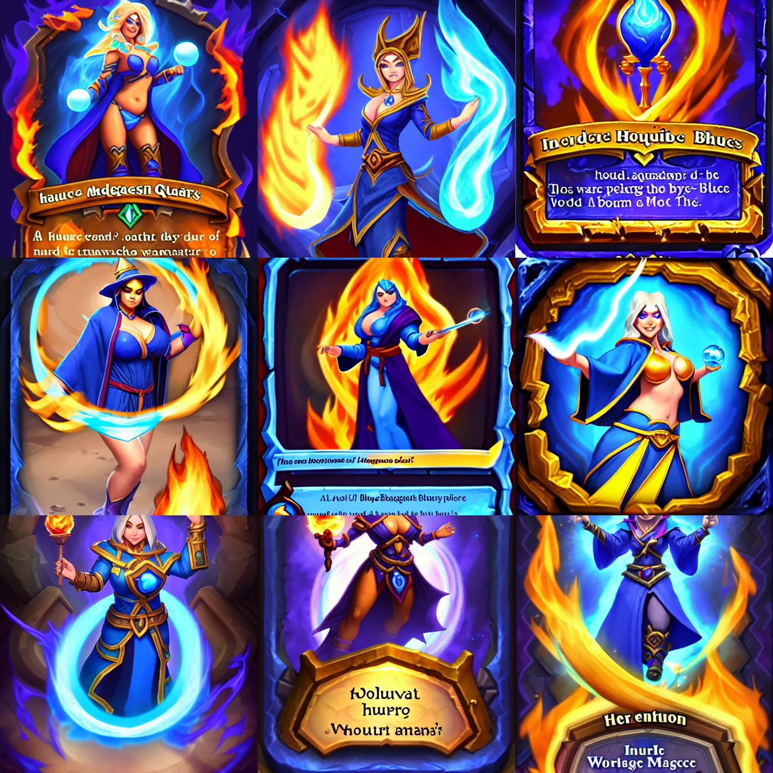 Prompt: Who : a mage with a blue robe casting a fire ball ; Body type : voluptious hourglass ; IMPORTANT : Hearthstone official splash art, award winning, trending