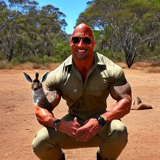 Image similar to dwayne johnson if he was a kangaroo, wearing a safari outfit