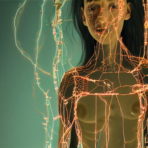 Image similar to in a dark room, a female cyborg with translucent skin showing circuitry and loose wires exploding into particles