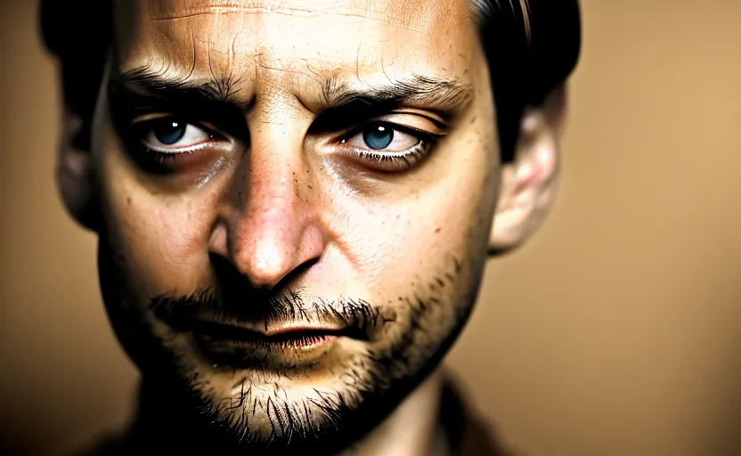 Image similar to photographic portrait by Annie Leibovitz of Tobey Maguire, closeup, foggy, sepia, moody, dream-like, sigma 85mm f/1.4, 15mm, 35mm, 4k, high resolution, 4k, 8k, hd, full color