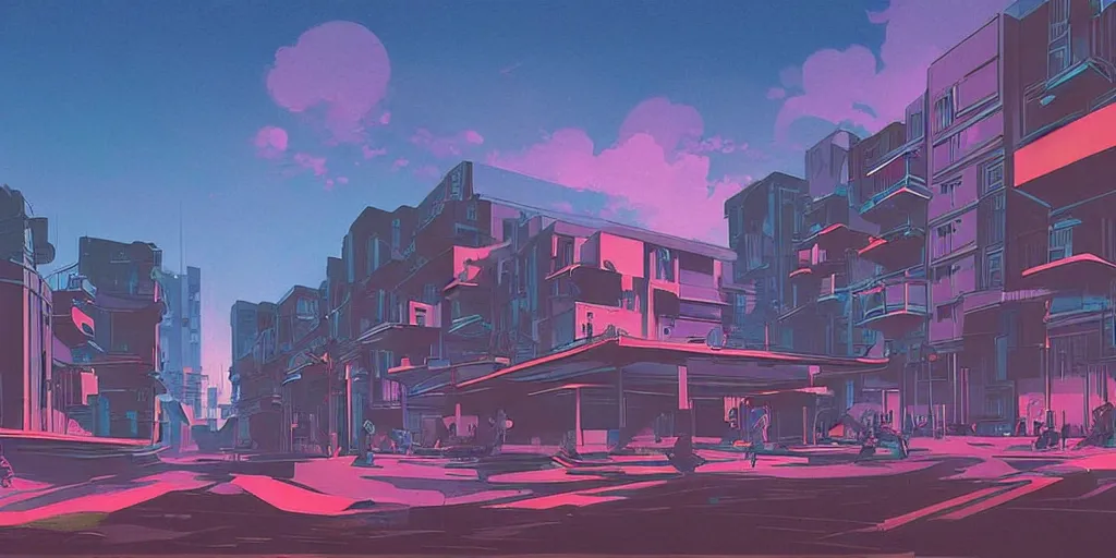 Image similar to brick apartment buildings street scene neon futuristic cyberpunk vaporwave tron glow sunset clouds sky illustration by syd mead concept art