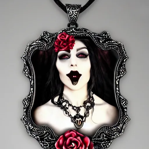 Prompt: gothic style necklace of a vampiress on a rose throne walks in dark beauty with ornamental garments with artnouveau framed bezel highly detailed