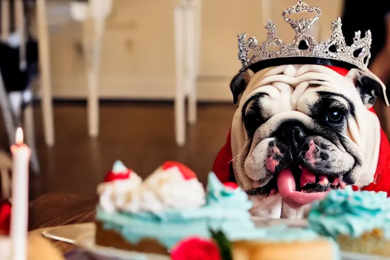 Prompt: an english bulldog wearing a crown and eating cake