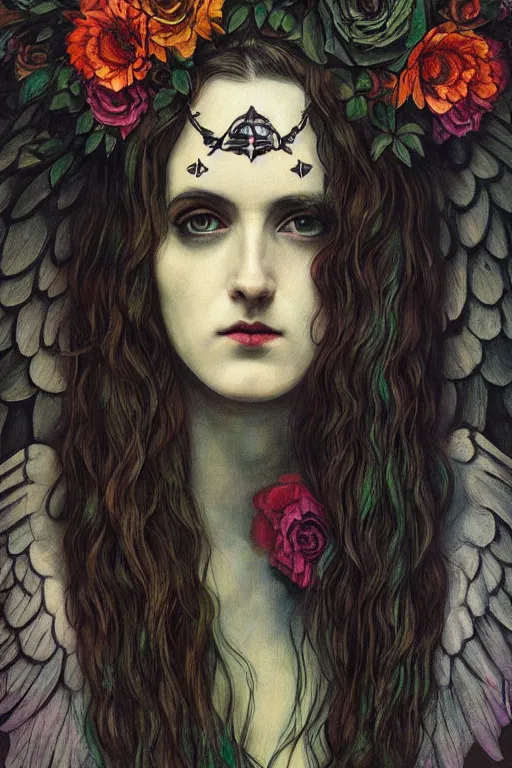 Image similar to pre-raphaelite punk rock dark rainbow noir angel painting, floral detail, face tattoo, by Abigail Larson, Anton Fadeev