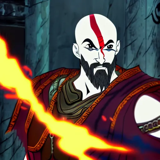 Image similar to kratos in the game hades, still from the game, cel shaded, anime style, highly detailed