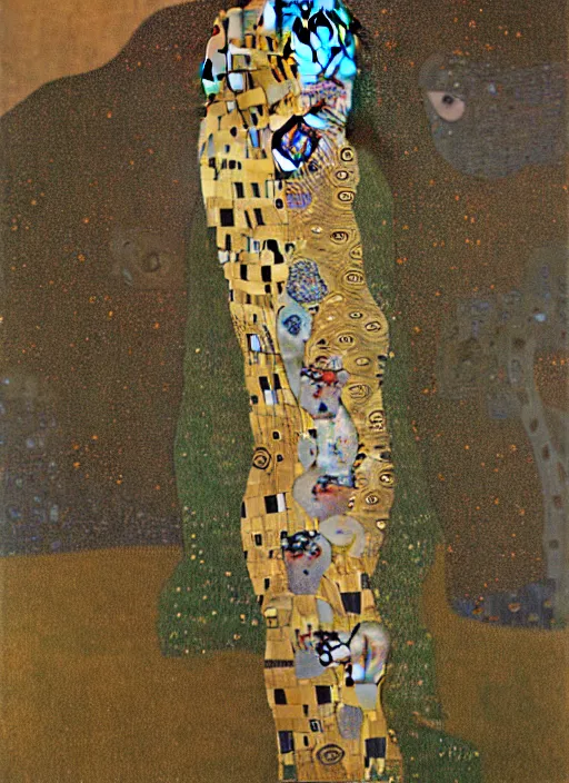 Image similar to cognitive optical illusions of landscape and four people in the foreground in extreme dynamic poses painted by gustav klimt