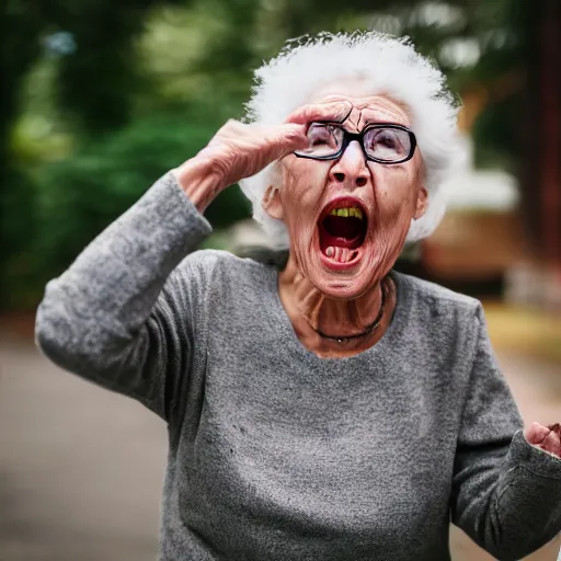 Prompt: elderly woman screaming at an alien, canon eos r 3, f / 1. 4, iso 2 0 0, 1 / 1 6 0 s, 8 k, raw, unedited, symmetrical balance, wide angle