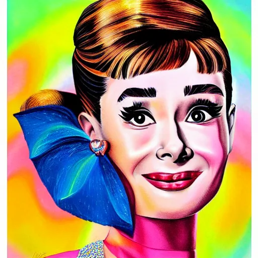 Prompt: beautiful realistic portrait of Audrey Hepburn by Lisa Frank