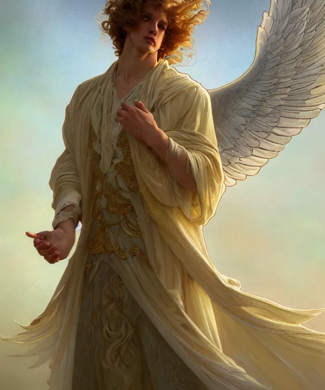 Image similar to fullbody portrait of a beautiful young fit male angel with curly blond hairs, full dressed in long fluent clothes, majestic symmetrical big dove wings, luminous halo, by greg rutkowski and alphonse mucha, gradient white to gold, in front of an iridescent background, highly detailed portrait, digital painting, artstation, concept art, smooth, sharp focus illustration