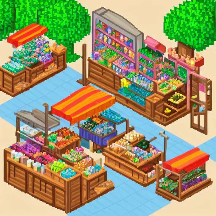 Image similar to isometric pixel art of a small market stall selling magical crystals