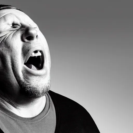 Image similar to photo portrait of shaun ryder screaming and staring into the horizon, realistic, hyperrealistic, 8 k resolution, hd quality, very detailed, highly detailed, intricate details, real life, real world, trending on artstation, digital art, really realistic, very realistic, headshot, head in frame, photograph, portrait, head in frame