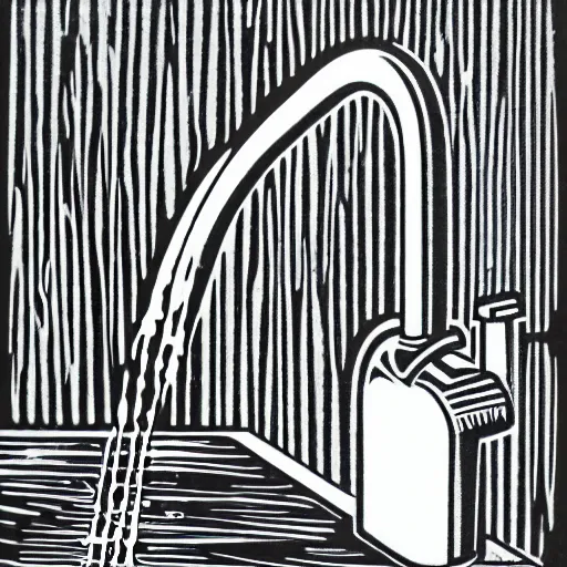 Prompt: black and white linocut of a leaky bathroom faucet dripping water