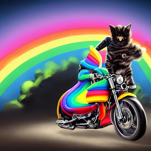 Image similar to wide angle full body, jacket wearing fluffy cute rainbow kitten wearing a black leather motorcycle jacket, riding on a motorcycle, cinematic concept art