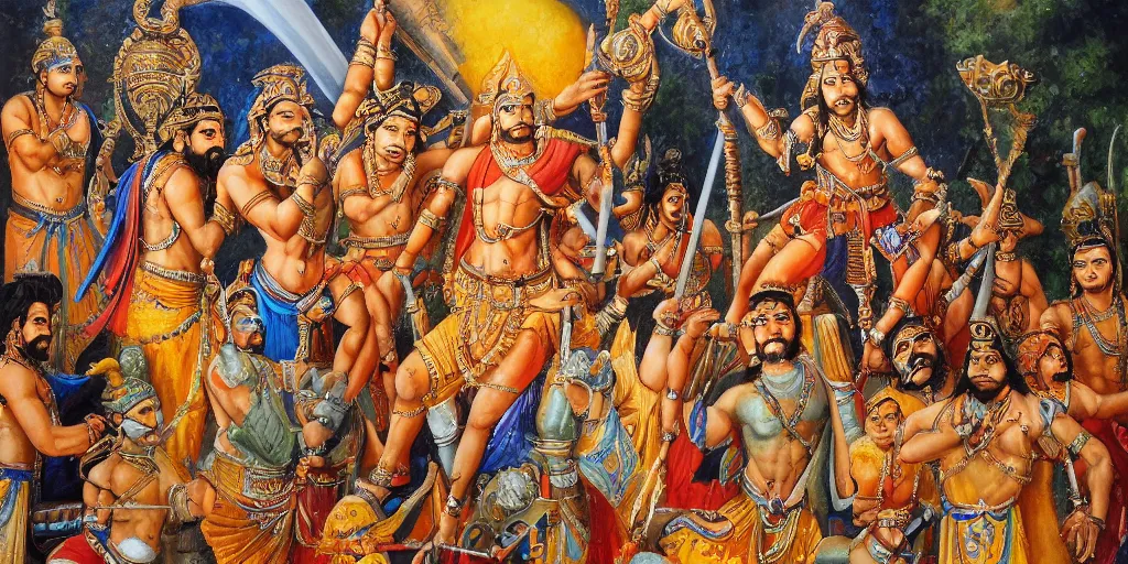 Image similar to a painting of bhima holding a mace and standing over slain duryodhan, mahabharat, an oil on canvas painting by ram chandra shukla, artstation, samikshavad, detailed painting, epic, oil on canvas