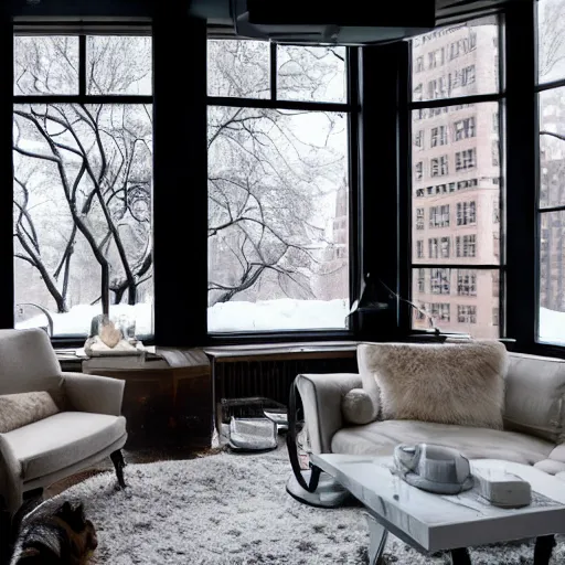 Prompt: overlooking central park in a blizzard from a modern loft, woman gazing outward at night with a beagle sleeping next to her, warm interiors, cold snow outside, large glass windows, fire place roaring, bear rug, art on walls