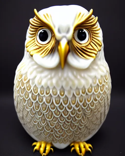 Image similar to gorgeous ornated snow white porcelain realistic detailed sacred owl statue with golden filigree carved out of ivory