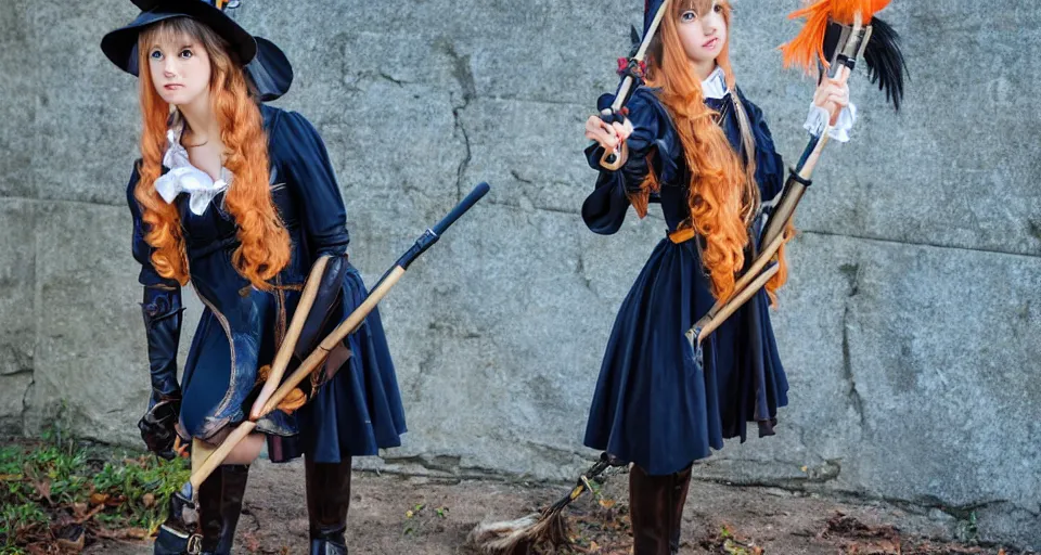 Prompt: young witch with magic wand and broom cosplay, she wears boots, full body shot, detailed face, photo taken by nikon, 4k, high quality, very detailed, intricant